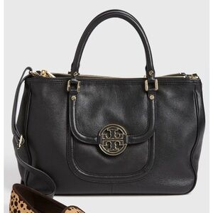 Tory Burch Amanda Black Double Zip Leather Tote with Long Strap and Wallet